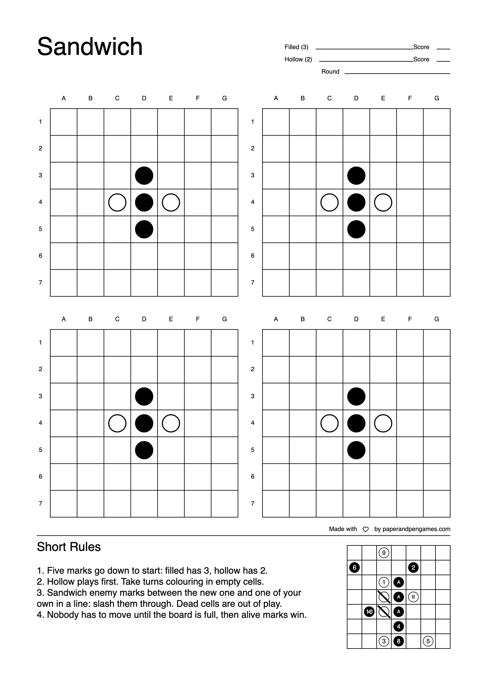 A Sandwich sheet: four boards with the starting cross, the short rules and the numbered example